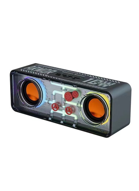 Table Black Cyberpunk colorful style wireless speaker, dual-speaker transparent mecha music player, colorful lighting style lightweight steel bass diaphragm speaker, TWS paired portable wireless speaker
