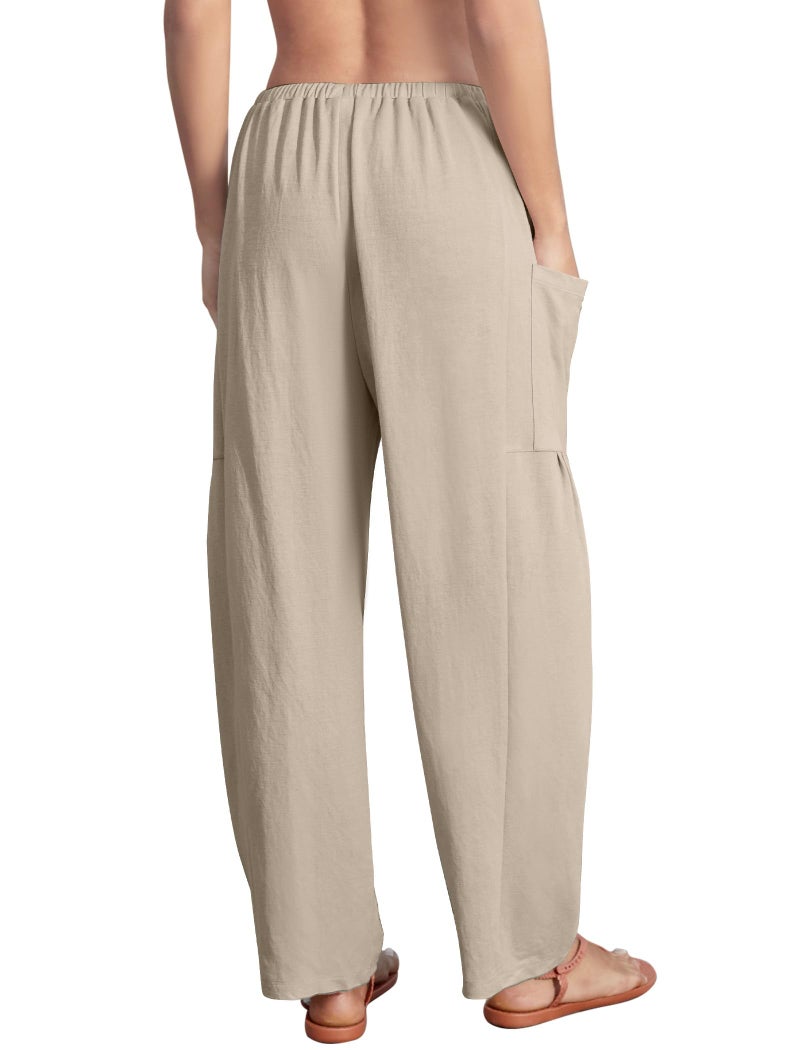 DLOODA Flowy Wide Leg Pants for Women, Drawstring Palazzo Harem Pants Casual Beach Vacation Trousers with Pockets Khaki - Image 4