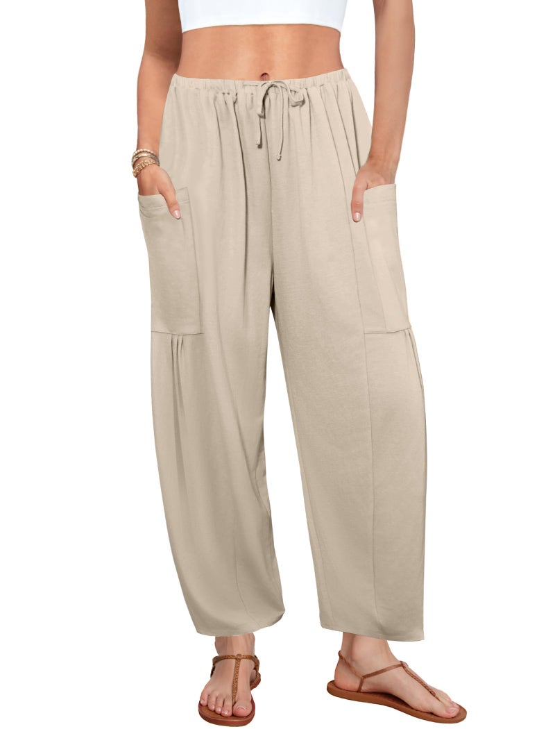 DLOODA Flowy Wide Leg Pants for Women, Drawstring Palazzo Harem Pants Casual Beach Vacation Trousers with Pockets Khaki - Image 1