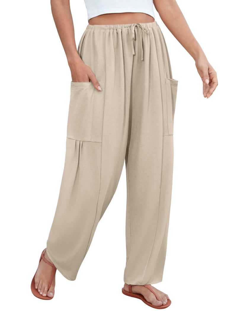 DLOODA Flowy Wide Leg Pants for Women, Drawstring Palazzo Harem Pants Casual Beach Vacation Trousers with Pockets Khaki - Image 2