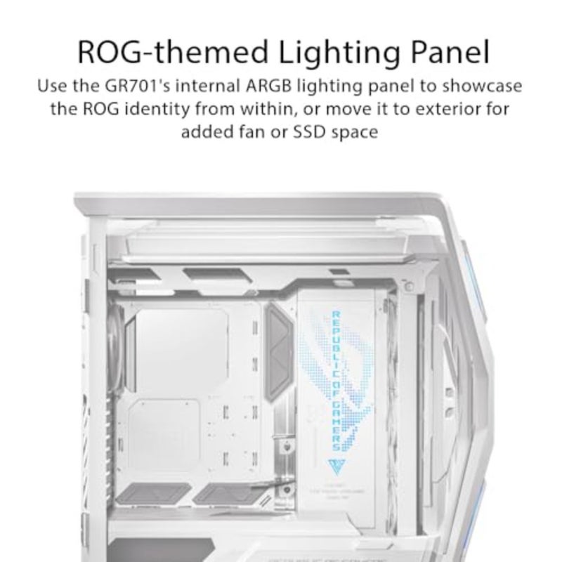 حقيبة كمبيوتر ROG Hyperion GR701 EATX كاملة البرج بهيكل شبه مفتوح، ولوحات جانبية خالية من الأدوات، وتدعم ما يصل إلى 2 × 420 مم من مشعات، وحامل بطاقة رسومات مدمج، و2X لوحة أمامية من النوع C - Image 4