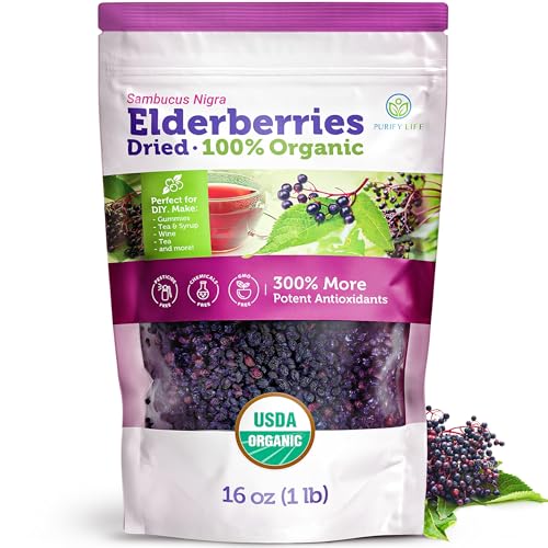 Purify Life Certified USDA - 100% Organic Dried Elderberries - 1lb Bulk - Non-Irradiated, Non-Gmo, Whole Black Elderberry Immune Support For Making Elder Syrup, Gummies, Tea - Raw Vegan Sambucus 1 Pound - Image 1
