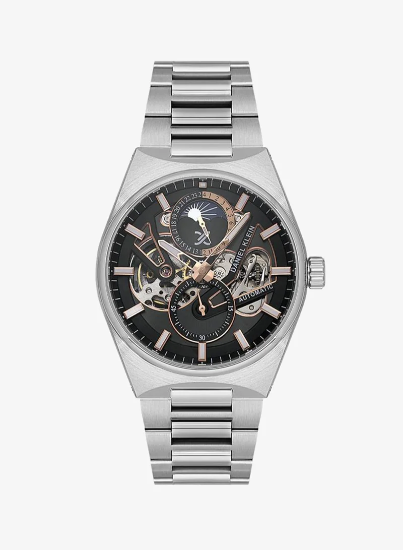 DANIEL KLEIN Men's Stainless Steel Silver Brass Case Analog Black Round Skeleton Dial Automatic Skeleton 50 Meters Water Resistant