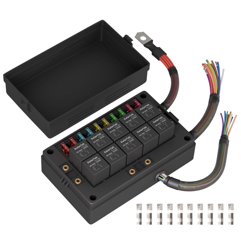 DaierTek Relay Box 12V 10 Way Relay Block and 10 Way ATC/ATO Blade Fuse Panel Pre-Wired Dustproof Fuse Relay Box for Automotive Car Marine Boat - Image 1