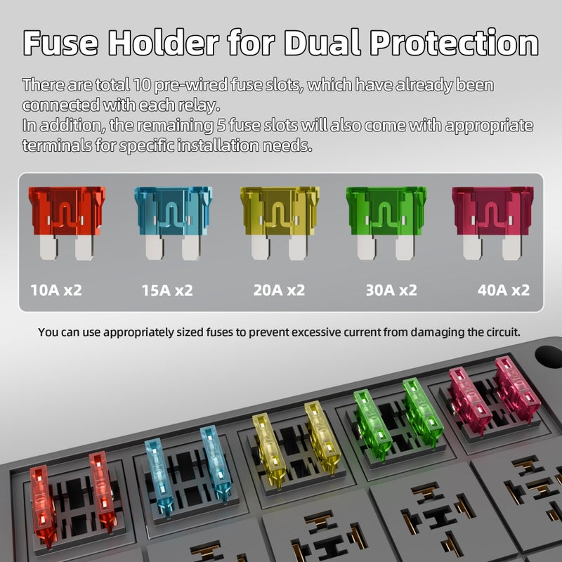 DaierTek Relay Box 12V 10 Way Relay Block and 10 Way ATC/ATO Blade Fuse Panel Pre-Wired Dustproof Fuse Relay Box for Automotive Car Marine Boat - Image 4