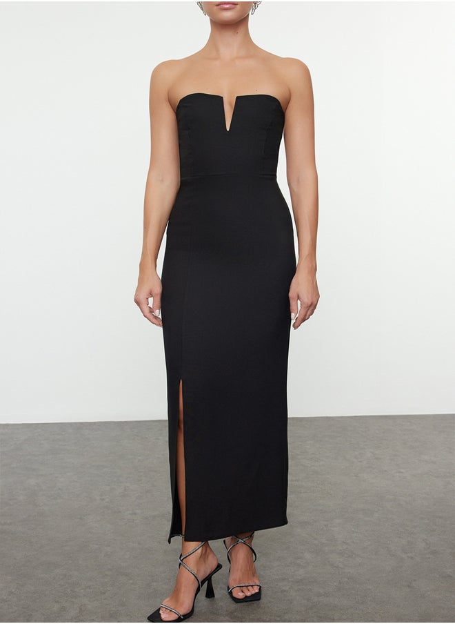 Black Body-Styling Strapless Woven Chic Midi Evening Dress TPRAW25EL00056