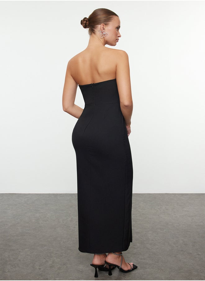 Black Body-Styling Strapless Woven Chic Midi Evening Dress TPRAW25EL00056