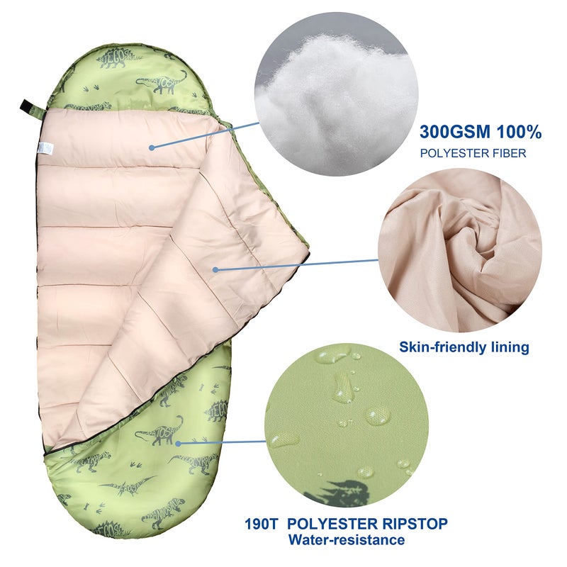 rioyalo Kids Sleeping Bags for Boys â€“ Military Green Dinosaur â€“ Rioyalo YOLO 45 Camping Sleeping Bags for Kids with Carry Bag - Outdoor and Indoor (Military Dinosaur) - Image 4