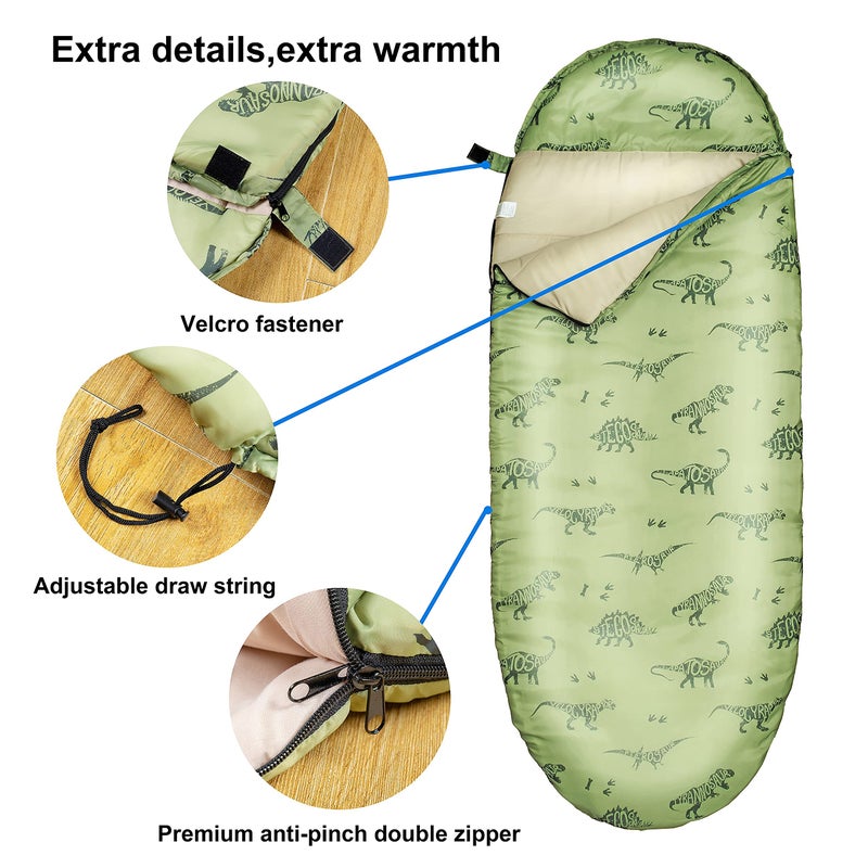 rioyalo Kids Sleeping Bags for Boys â€“ Military Green Dinosaur â€“ Rioyalo YOLO 45 Camping Sleeping Bags for Kids with Carry Bag - Outdoor and Indoor (Military Dinosaur) - Image 3