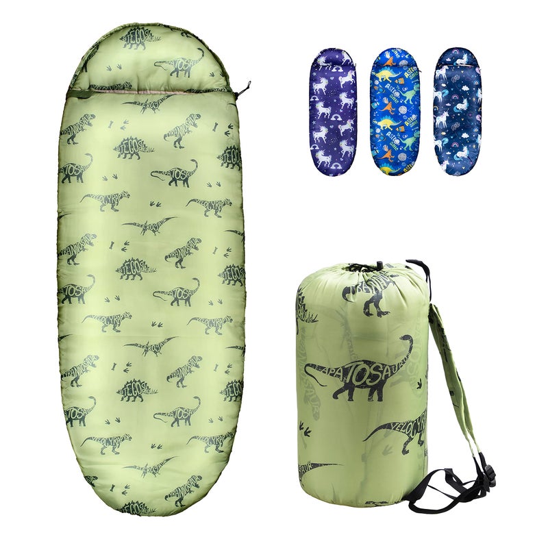 rioyalo Kids Sleeping Bags for Boys â€“ Military Green Dinosaur â€“ Rioyalo YOLO 45 Camping Sleeping Bags for Kids with Carry Bag - Outdoor and Indoor (Military Dinosaur) - Image 1