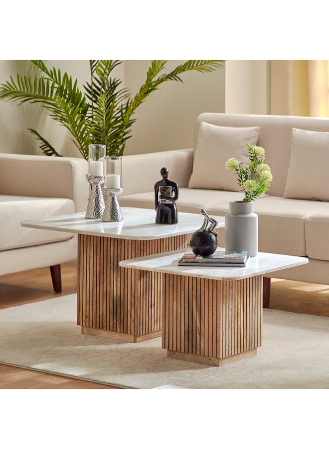 Home Box Fluted NXT 2-Piece Marble Top and Solid Wood Coffee Table Set 90 x 45 x 90 cm - Image 1