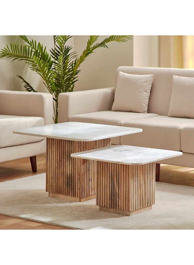 Home Box Fluted NXT 2-Piece Marble Top and Solid Wood Coffee Table Set 90 x 45 x 90 cm - Image 2
