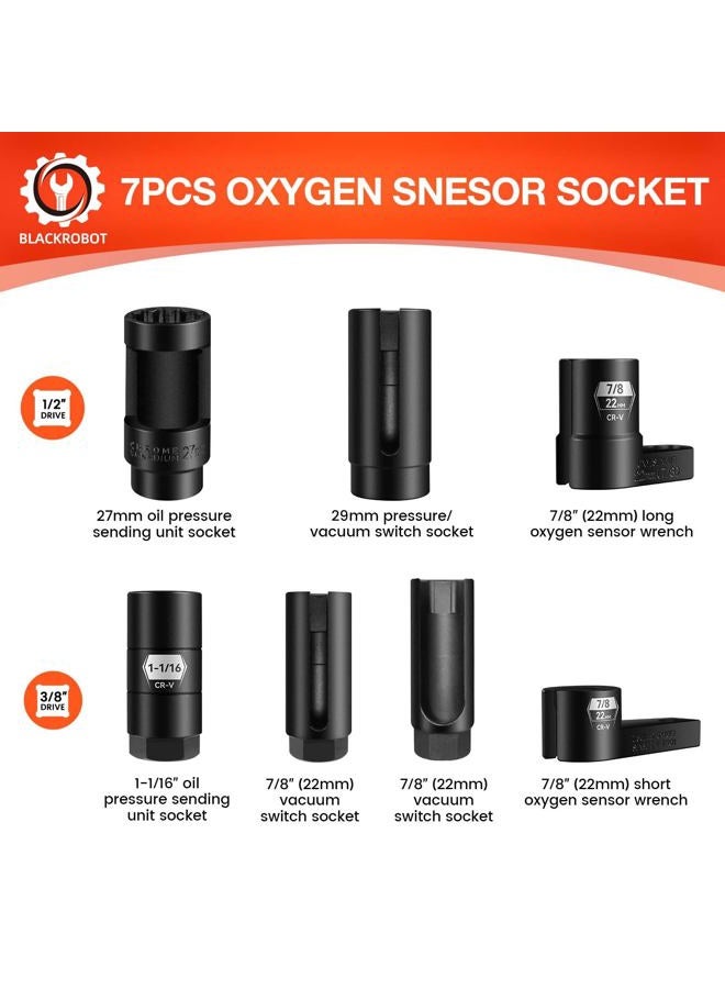 BLACKROBOT 7-Piece Oxygen Sensor Socket, 3/8" & 1/2" Drive 7/8" (22mm), 27mm, 29mm, O2 Sensor Remover Tool, Compatible with Oil Pressure Units, Thermal Sensor and Diesel Injectors, CR-V Steel - Image 2
