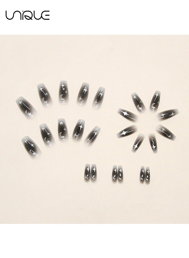 Unique 24 Pcs Fake Nails - Mid-Mid-length Ballet Manicure - Black Smudge Manicure - Silver Moon Star Manicure - Fake Nail Patch - Image 4