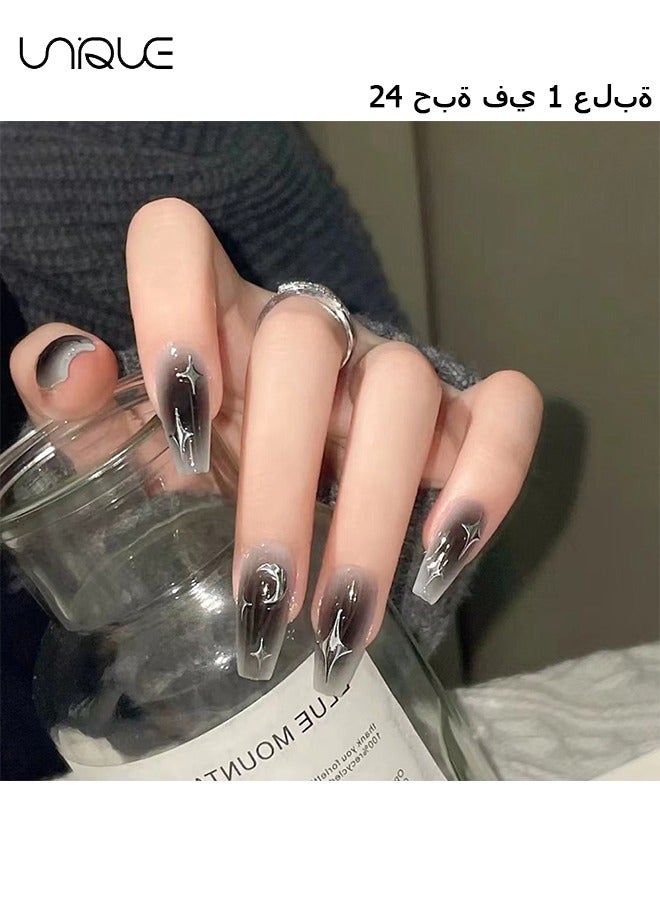 Unique 24 Pcs Fake Nails - Mid-Mid-length Ballet Manicure - Black Smudge Manicure - Silver Moon Star Manicure - Fake Nail Patch - Image 1