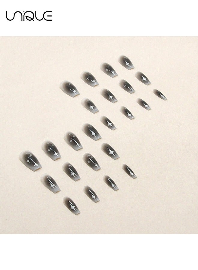 Unique 24 Pcs Fake Nails - Mid-Mid-length Ballet Manicure - Black Smudge Manicure - Silver Moon Star Manicure - Fake Nail Patch - Image 3