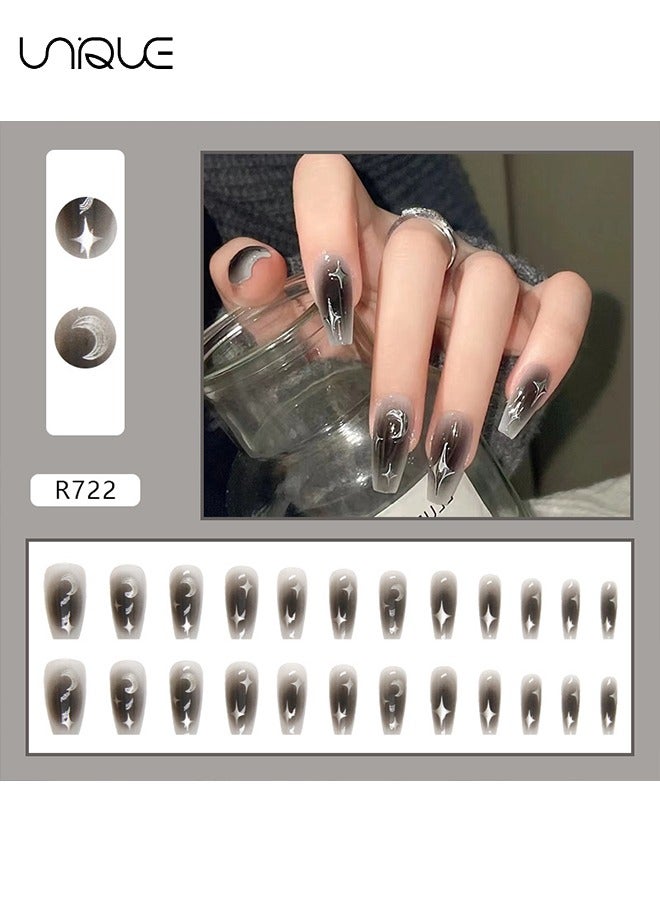 Unique 24 Pcs Fake Nails - Mid-Mid-length Ballet Manicure - Black Smudge Manicure - Silver Moon Star Manicure - Fake Nail Patch - Image 2