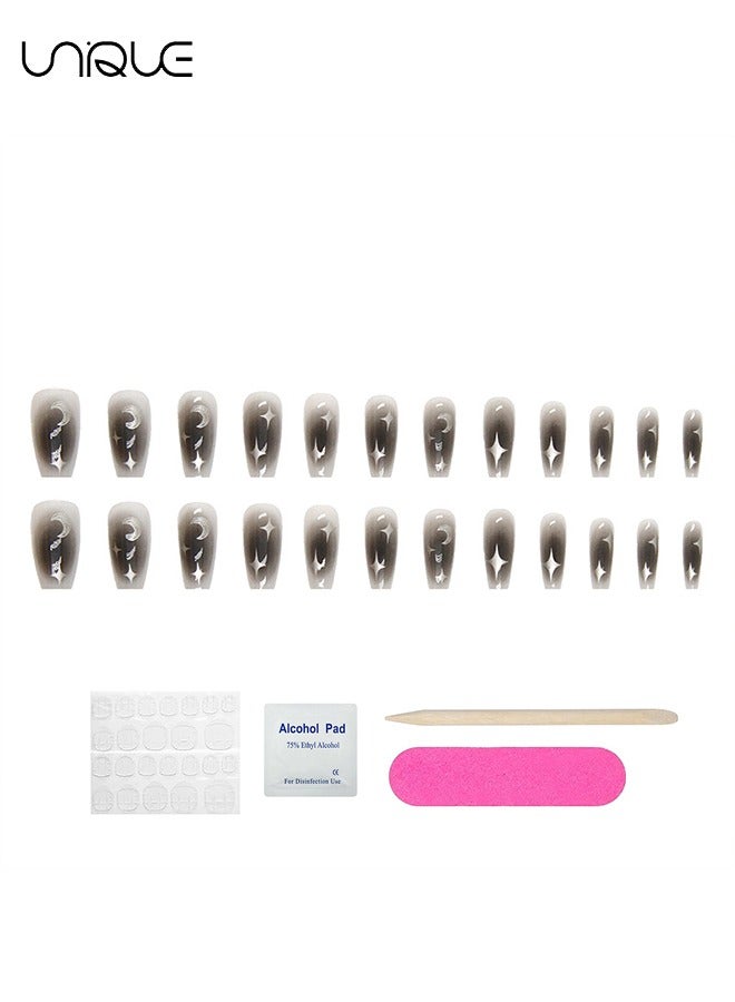 Unique 24 Pcs Fake Nails - Mid-Mid-length Ballet Manicure - Black Smudge Manicure - Silver Moon Star Manicure - Fake Nail Patch - Image 5