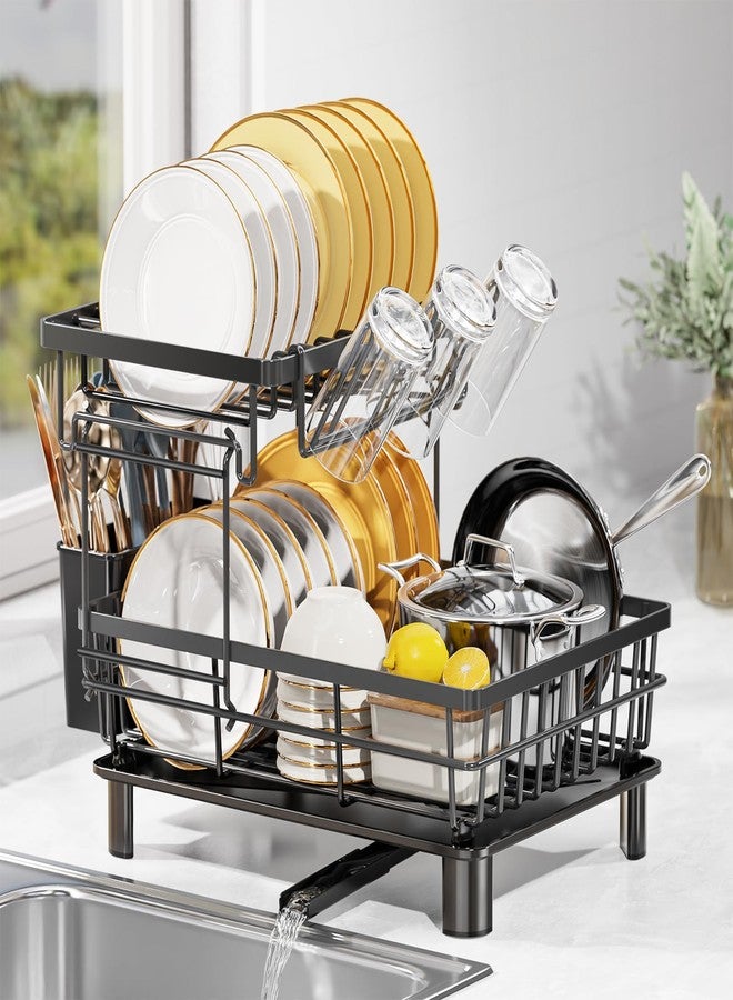 LIONONLY Large Dish Drying Rack with Drainboard, 2 Tier Stainless Steel Drying Racks for Kitchen Counter,Detachable Dish Drainer Organizer Shelf with Utensil Holder Set (Black) - Image 2