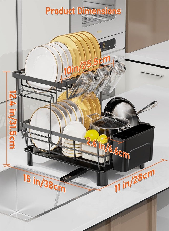 LIONONLY Large Dish Drying Rack with Drainboard, 2 Tier Stainless Steel Drying Racks for Kitchen Counter,Detachable Dish Drainer Organizer Shelf with Utensil Holder Set (Black) - Image 3
