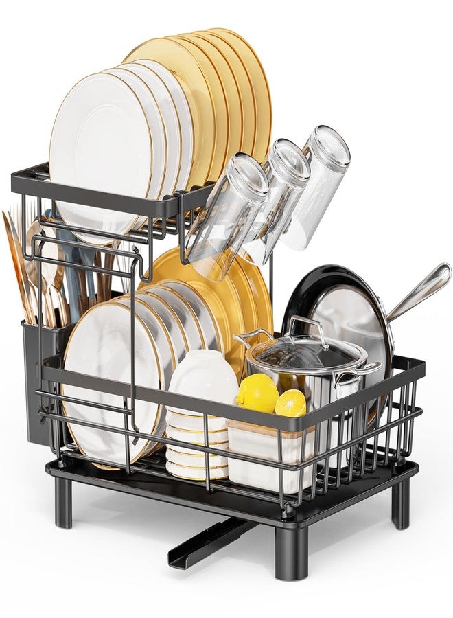 LIONONLY Large Dish Drying Rack with Drainboard, 2 Tier Stainless Steel Drying Racks for Kitchen Counter,Detachable Dish Drainer Organizer Shelf with Utensil Holder Set (Black) - Image 1