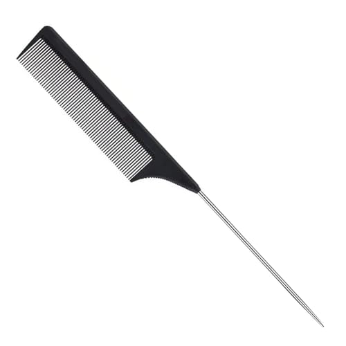 ALIABSION 1 Pack Stainless Steel Rat Tail Comb for Parting Hair, Pintail Hair Parting Comb with Metal Pick on End, Black Anti Static Carbon Fiber Fine Tooth Teasing Brush for Men and Women - Image 1