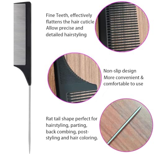 ALIABSION 1 Pack Stainless Steel Rat Tail Comb for Parting Hair, Pintail Hair Parting Comb with Metal Pick on End, Black Anti Static Carbon Fiber Fine Tooth Teasing Brush for Men and Women - Image 2