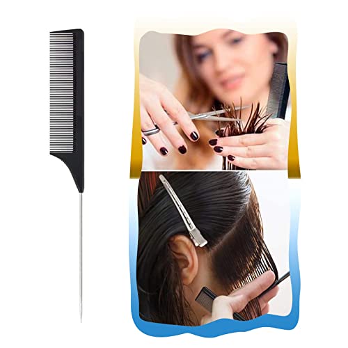 ALIABSION 1 Pack Stainless Steel Rat Tail Comb for Parting Hair, Pintail Hair Parting Comb with Metal Pick on End, Black Anti Static Carbon Fiber Fine Tooth Teasing Brush for Men and Women - Image 5