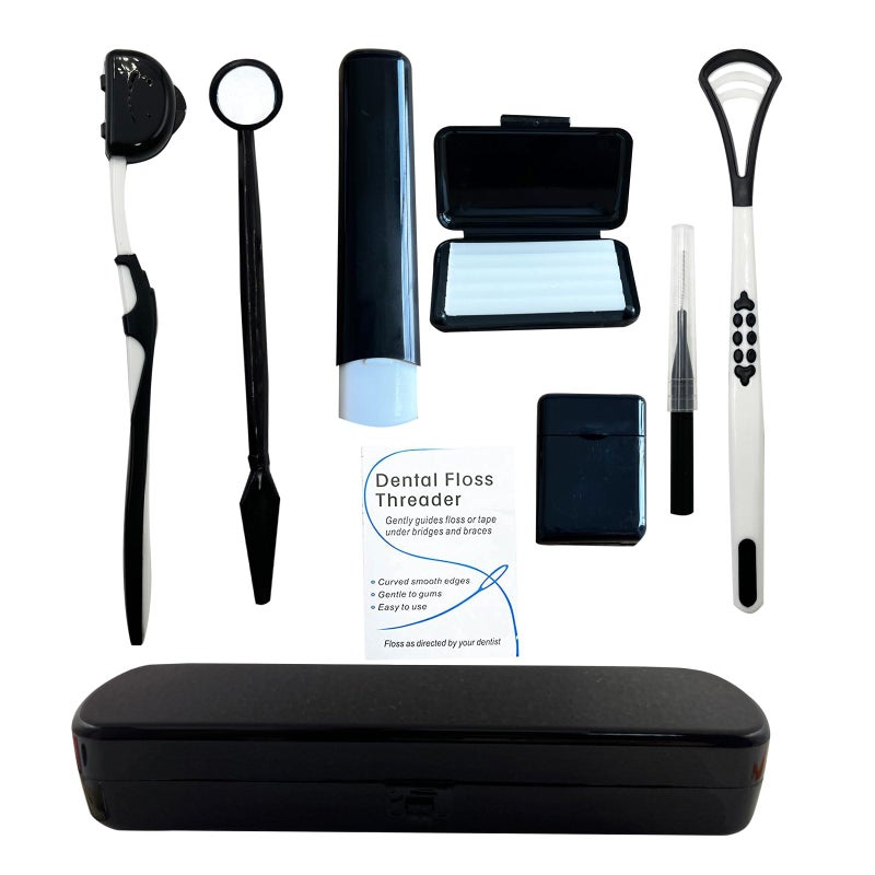 HRASY Portable Orthodontic Oral Care Kit for Braces - Interdental Brush Dental Wax Dental Floss Toothbrush Cleaning Kit, Black - Image 1