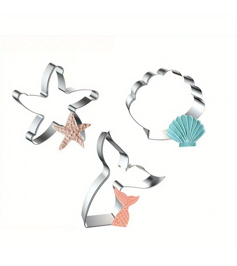 3pc Ocean Themed Stainless Steel Cookie Cutters Mermaid Tail Starfish Shell - Image 1