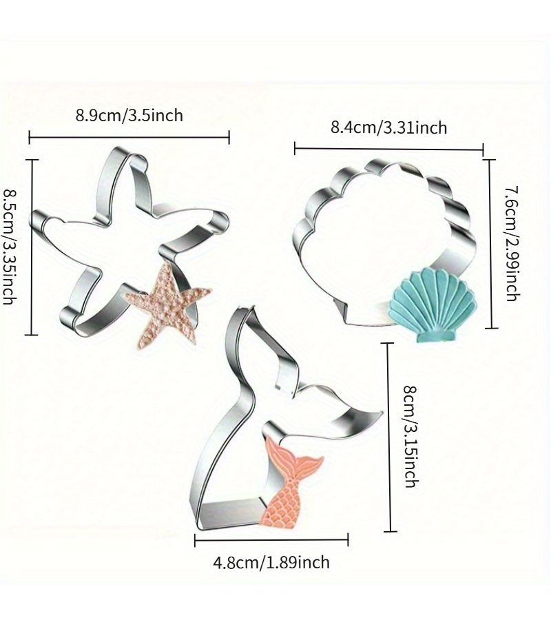 3pc Ocean Themed Stainless Steel Cookie Cutters Mermaid Tail Starfish Shell - Image 3