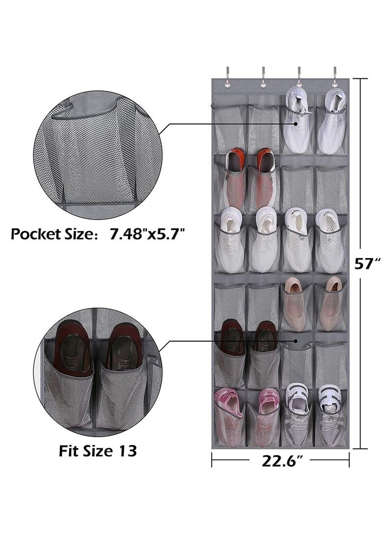 منظم أحذية معلق على الحائط بشبكة قابلة للتنفس 24 جيب كبير، حقيبة تخزين لخزانة الملابس، تحمل حتى 40 رطلاً، خطافات متينة، موفر للمساحة، منظم أحذية فوق الباب - Image 2