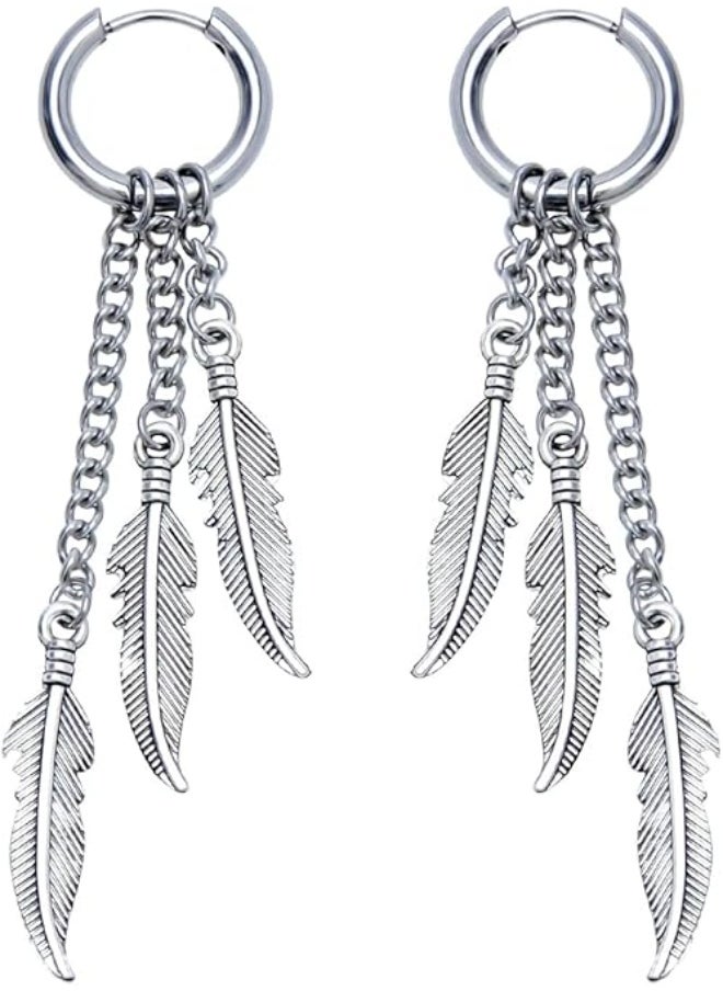 Generic Stainless Steel Feather Chain Earrings for Men Women Sliver Gold Black Punk Long Dangle Earrings Set Lightweight Fashion Party Birthday Jewelry  - Image 1