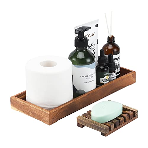 RAIKEDR Farmhouse Wooden Vanity Tray Small Rectangle, Rustic Bathroom Tray Bathroom Organizer, Cosmetics Holder for Tissue Towel Jewelry Ring Dish Dresser Perfume, Decor Box (Brown, 4.8" W11.5 Lx1.2 H) - Image 1