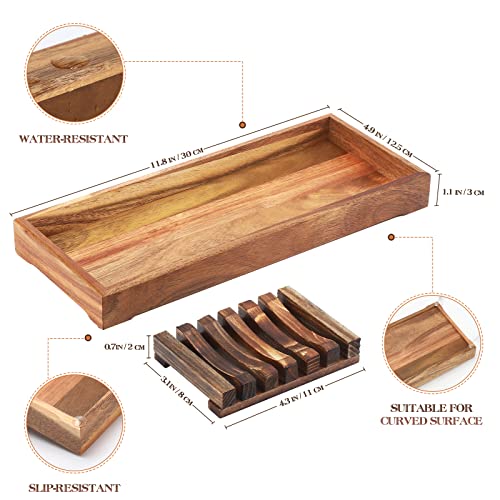 RAIKEDR Farmhouse Wooden Vanity Tray Small Rectangle, Rustic Bathroom Tray Bathroom Organizer, Cosmetics Holder for Tissue Towel Jewelry Ring Dish Dresser Perfume, Decor Box (Brown, 4.8" W11.5 Lx1.2 H) - Image 2