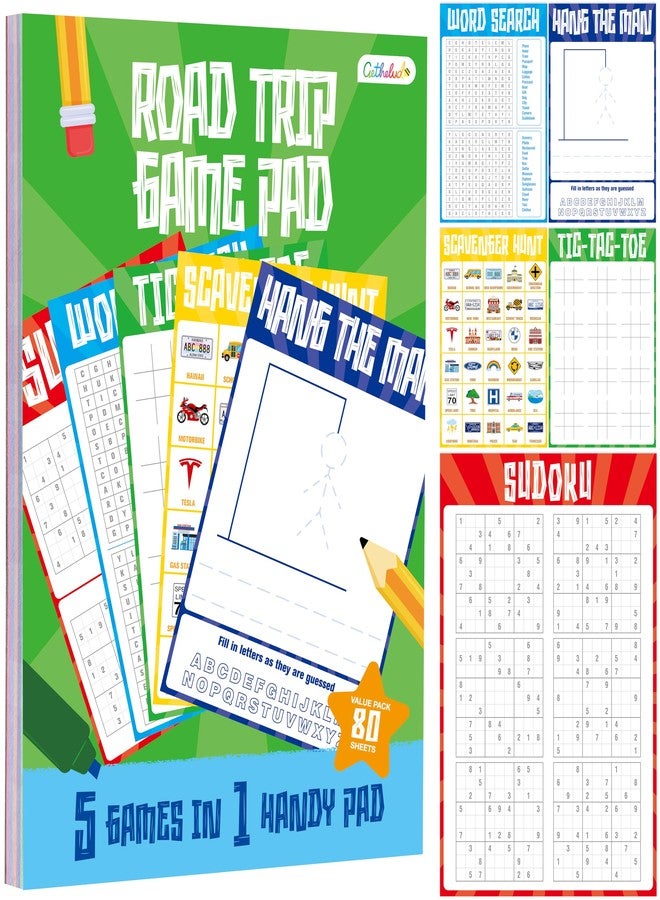 Gethelud Road Trip Game Pad, 80 Perforated Sheets Travel Activity Pad, 5 Games in 1 Pad, Plane, Car Trip Activity, Pen Pencil & Paper Game for Kids, Adults (6” x 9”) - Image 1