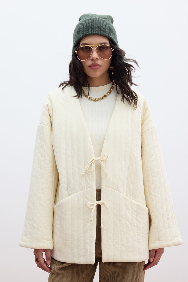 Manuka Quilted Tie Coat Vanilla  - Image 1