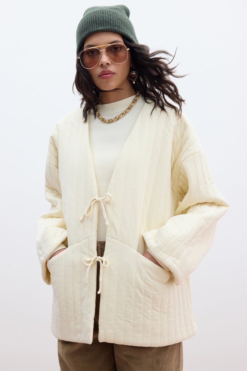 Manuka Quilted Tie Coat Vanilla  - Image 3