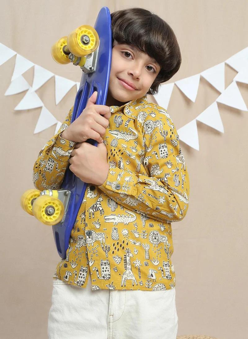 جلو باص Globus Boys Yellow Collared Neck All Over Graphic Print Relaxed Fit Shirt