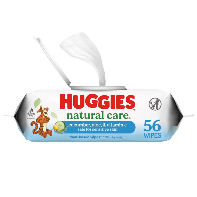 Huggies Natural Care Cucumber, Aloe and Vitamin E Baby Wipes, Hypoallergenic, Scented, 1 Flip-Top Pack (56 Wipes Total), Packaging May Vary