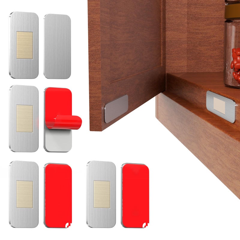 PHIXBEAR No Drill Magnetic Cabinet Door Catch with Adhesive â€“ Stainless Steel, Strong Hold Child Safety Lock for Kitchen Cabinets, Bathroom, RV â€“ No Screws Needed 1.57â€ x 0.79â€ 4 Pack - Image 1