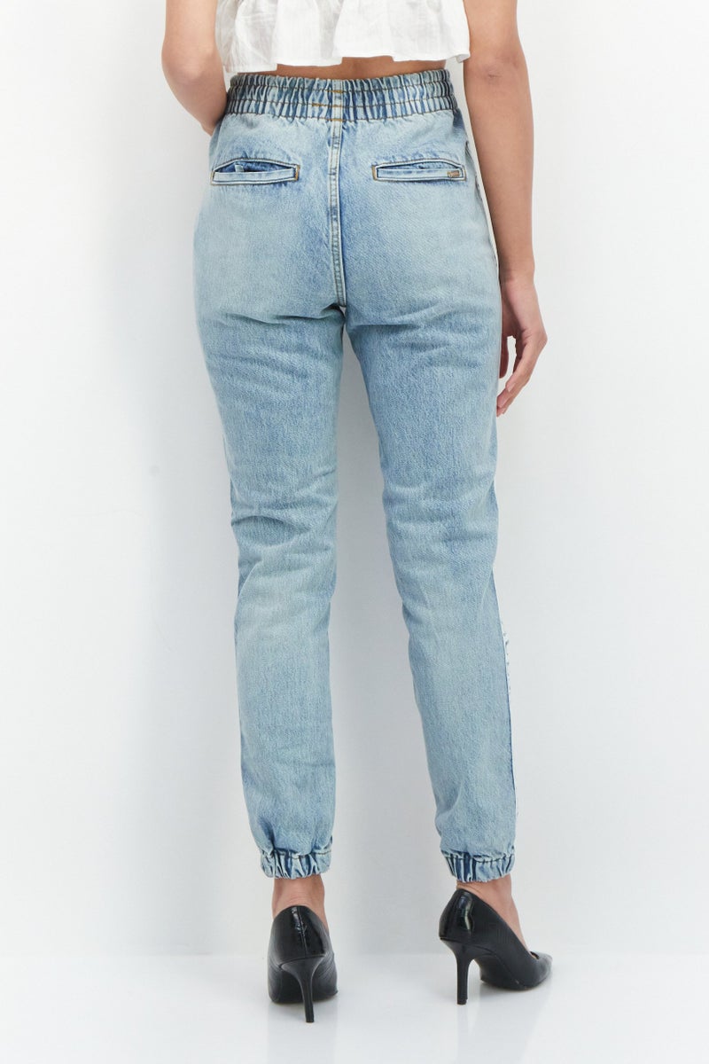 GUESS Women Regular Fit Brand Logo Denim Jogger Jeans, Blue  - Image 4