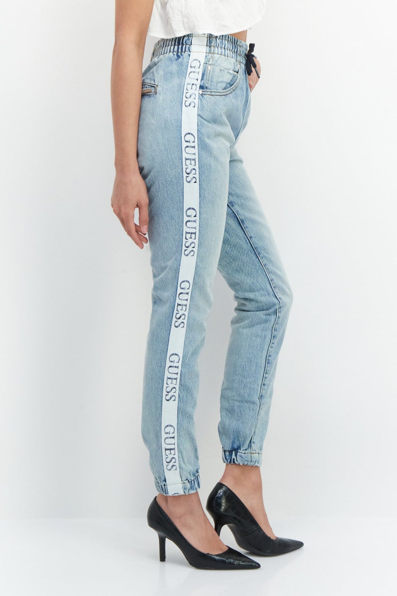 GUESS Women Regular Fit Brand Logo Denim Jogger Jeans, Blue  - Image 3