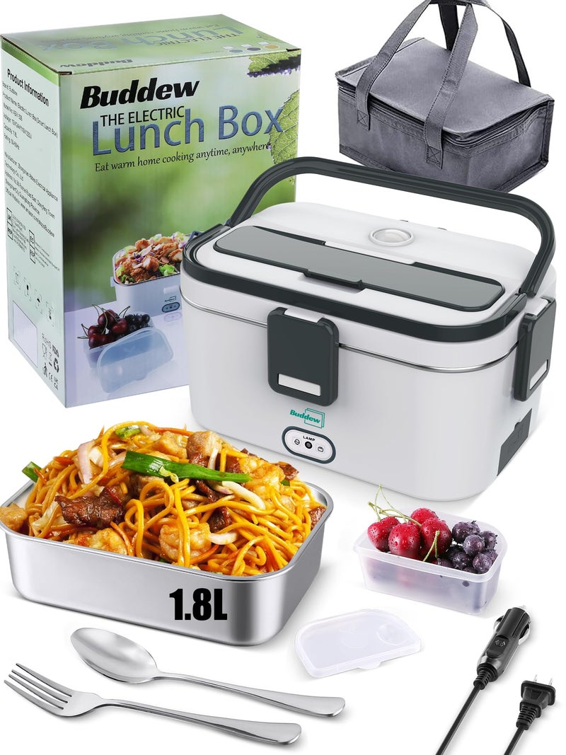 Buddew Electric Lunch Box for Adults, 80W Heated Lunch Box 1.8L Stainless Steel Portable Food Warmer,12/24/110V Lonchera Electrica Portatil for Travel & Work, Loncheras para Hombres de Trabajo(Gray) - Image 1