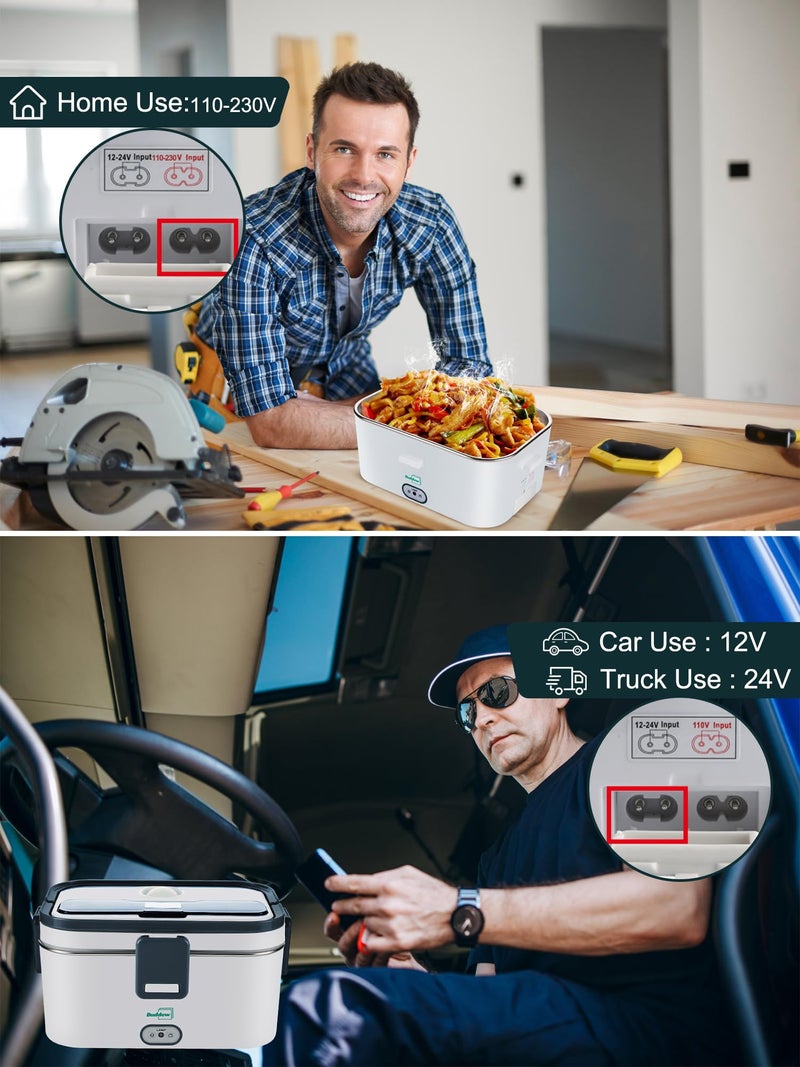 Buddew Electric Lunch Box for Adults, 80W Heated Lunch Box 1.8L Stainless Steel Portable Food Warmer,12/24/110V Lonchera Electrica Portatil for Travel & Work, Loncheras para Hombres de Trabajo(Gray) - Image 3