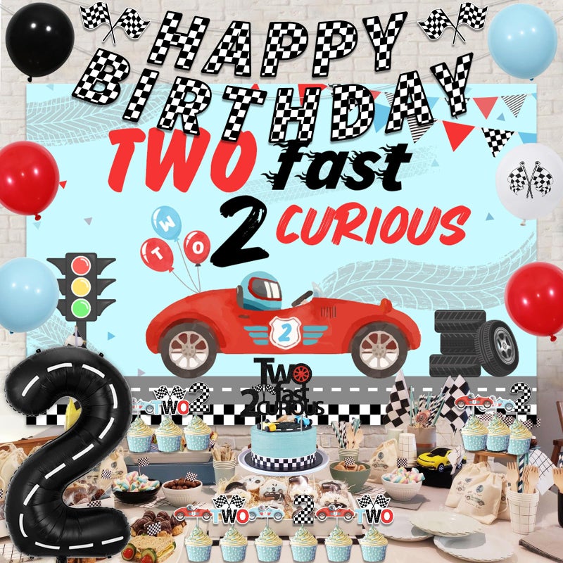 Cheereveal Two Fast 2 Curious Birthday Decorations - Backdrop Cake Topper, Checkered Flags Banner, Race Car Tire Balloons, Boys Second Party Supplies - Image 2