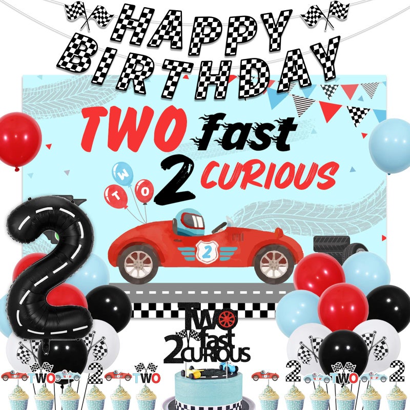 Cheereveal Two Fast 2 Curious Birthday Decorations - Backdrop Cake Topper, Checkered Flags Banner, Race Car Tire Balloons, Boys Second Party Supplies - Image 1