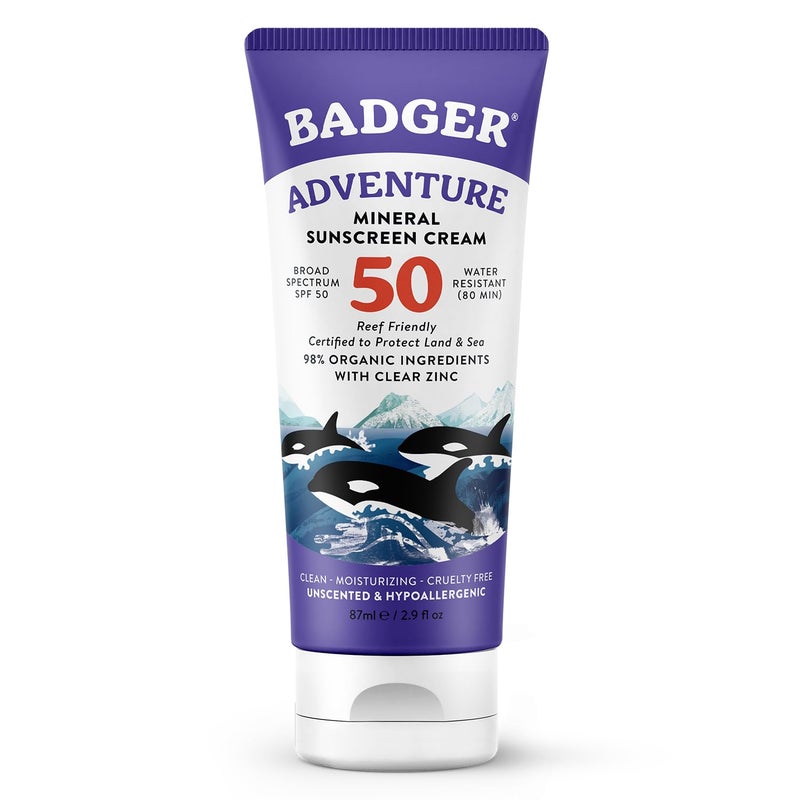 Badger Mineral Sunscreen SPF 50 Zinc Oxide Sunscreen with 98% Organic Ingredients, Reef-Safe, Broad-Spectrum, Hypoallergenic, Water Resistant, Unscented Adventure Sport 2.9 fl oz - Image 1