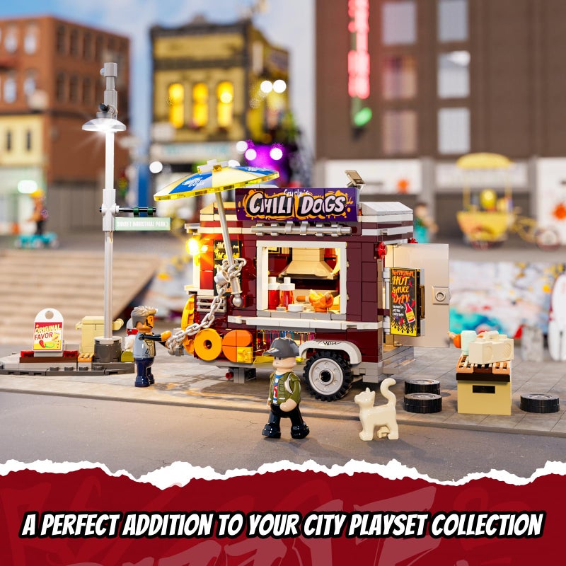 FUNWHOLE Chili Dog Trailer Lighting Building Bricks Set - Street Fusion City Town Hot Food Truck with LED Light Display Kit 515 Pcs for Adults & Teens & Street Cultrue Lovers - Image 5