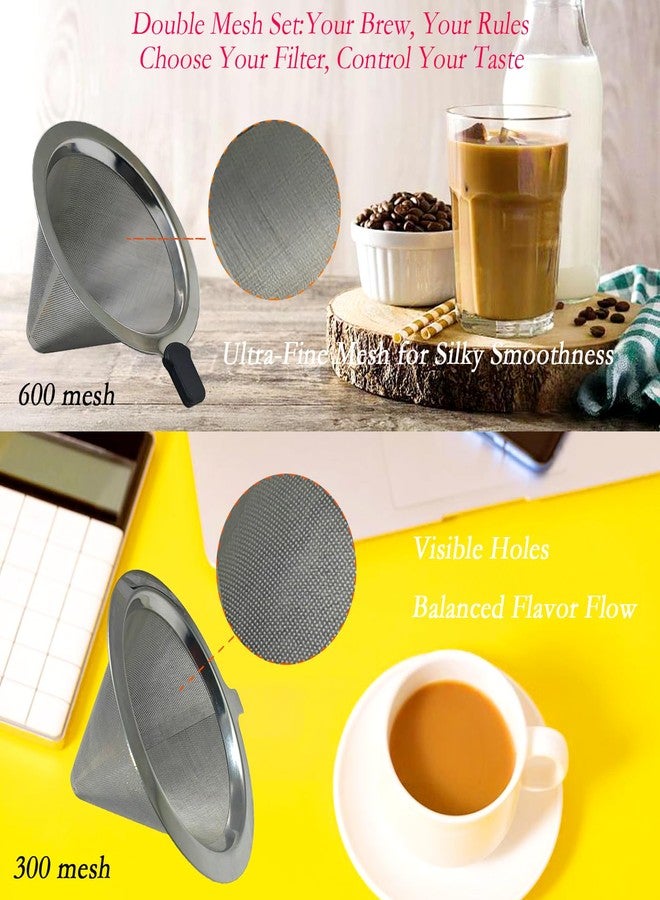 AzulySlec Double Mesh Pour Over Coffee Filter Set-300+600 Mesh Reusable Stainless Steel Coffee Filter with Detachable Handle,Easy Clean,2-in-1 for Drip/Cold Brew/Espresso,Fits Most V60/Chemex Brewers - Image 3